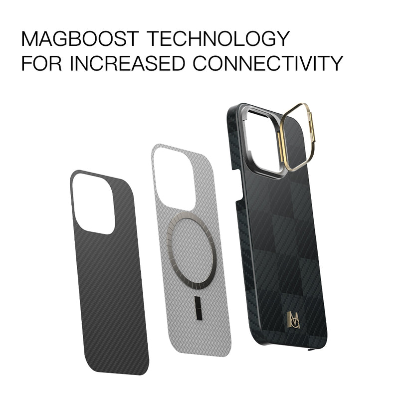 Racing Black Magnetic Ballistic Fiber Case for iPhone 15 with Kick-Stand